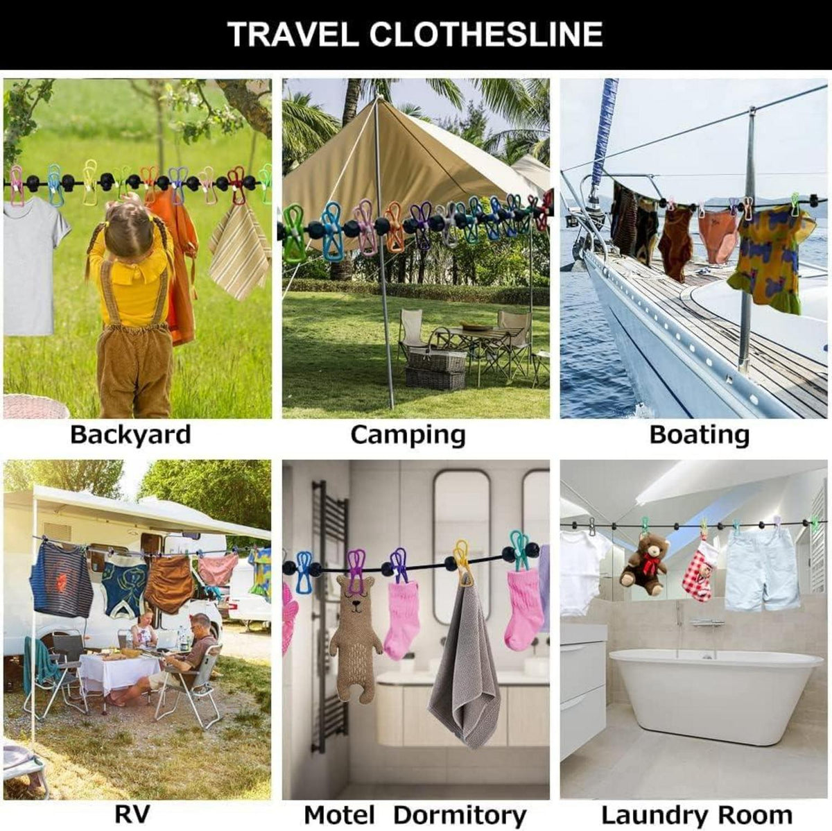 Tragbare Wäscheleine mit 12 Wäscheklammern für Camping und Reisen
