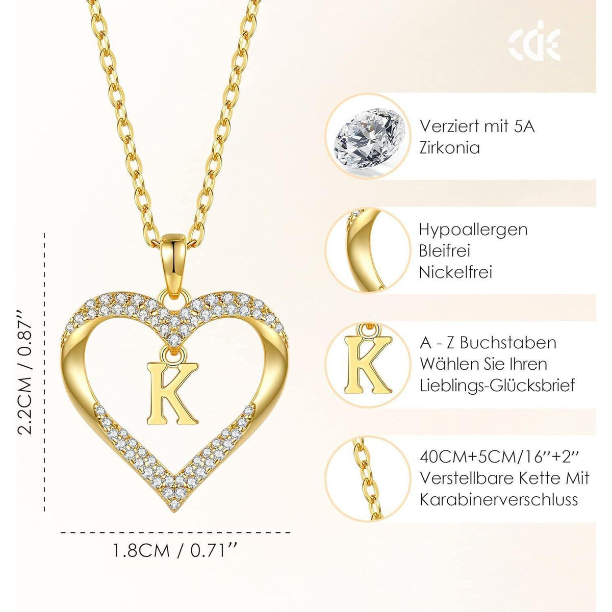 Initialen Halskette Damen 18K Vergoldet Herz Anhänger Buchstabe A-Z