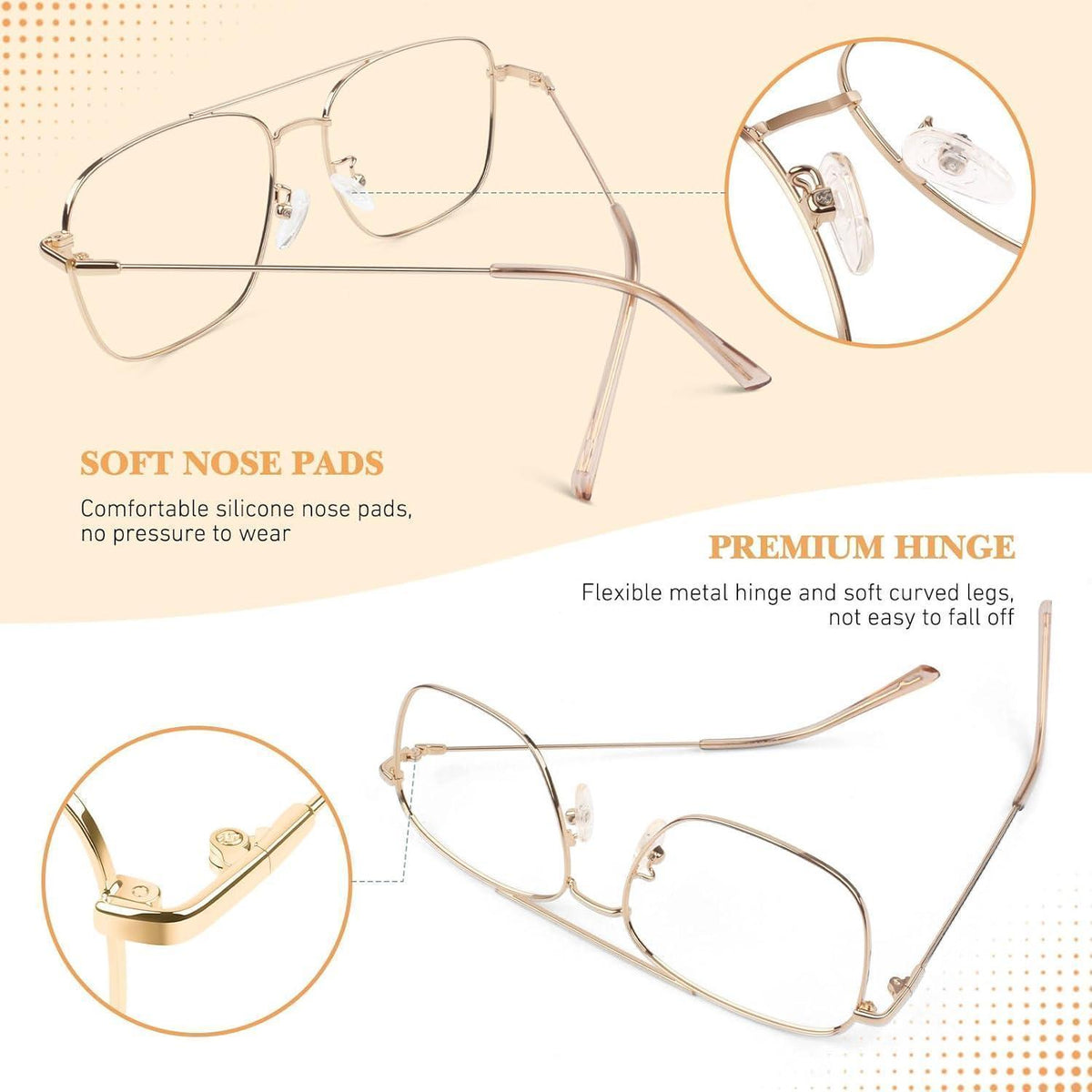 Pilotenbrille ohne Sehstärke, Metallrahmen, Vintage Stil, Gold