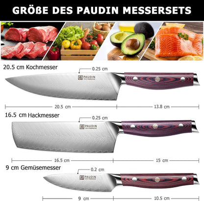 PAUDIN 3-tlg Damastmesser Set mit G10 Griff und Holzbox