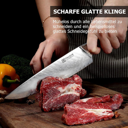 PAUDIN Damastmesser Set 3-tlg Profi Küchenmesser Schärfe 67 Lagen Holzbox