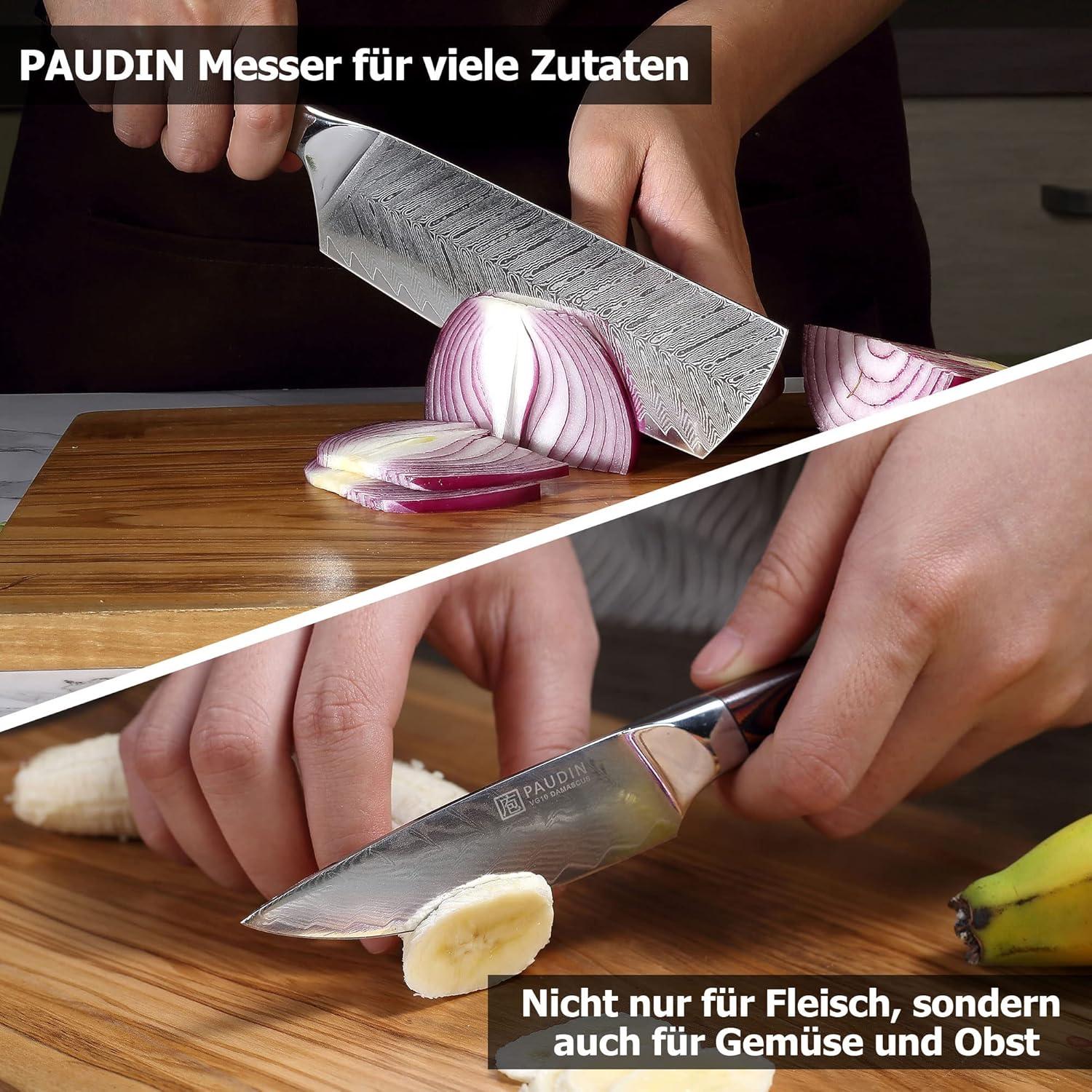PAUDIN 3-tlg Damastmesser Set Holzbox Profi Chefmesser Hackmesser Gemüsemesser