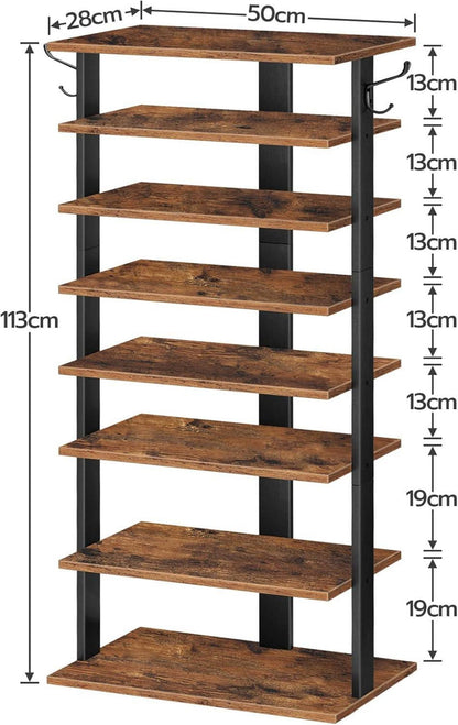 Schuhregal 8-lagig schmal mit 2 Haken Dunkelbraun Schwarz