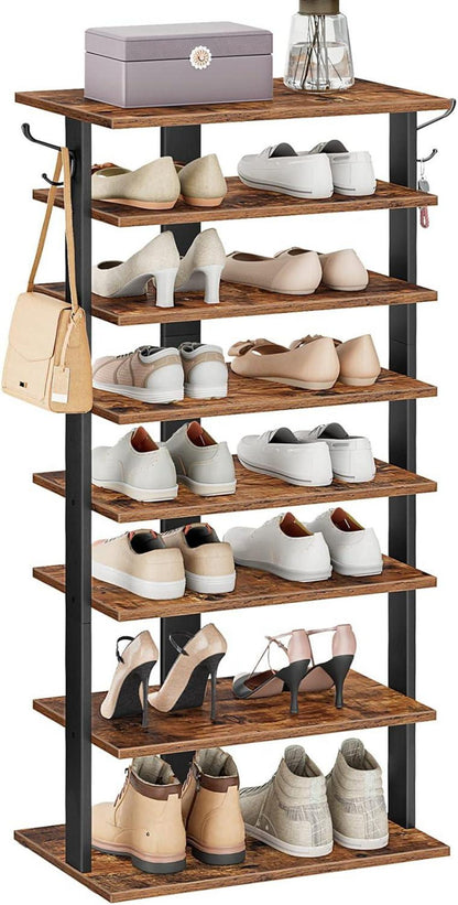 HOOBRO 8-lagiges Schuhregal mit Haken, schmales Ablagegestell, 50 cm, Dunkelbraun + Schwarz