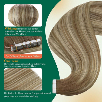 Echthaar Tape Extensions Balayage Blond Ombre Platinblond 60cm