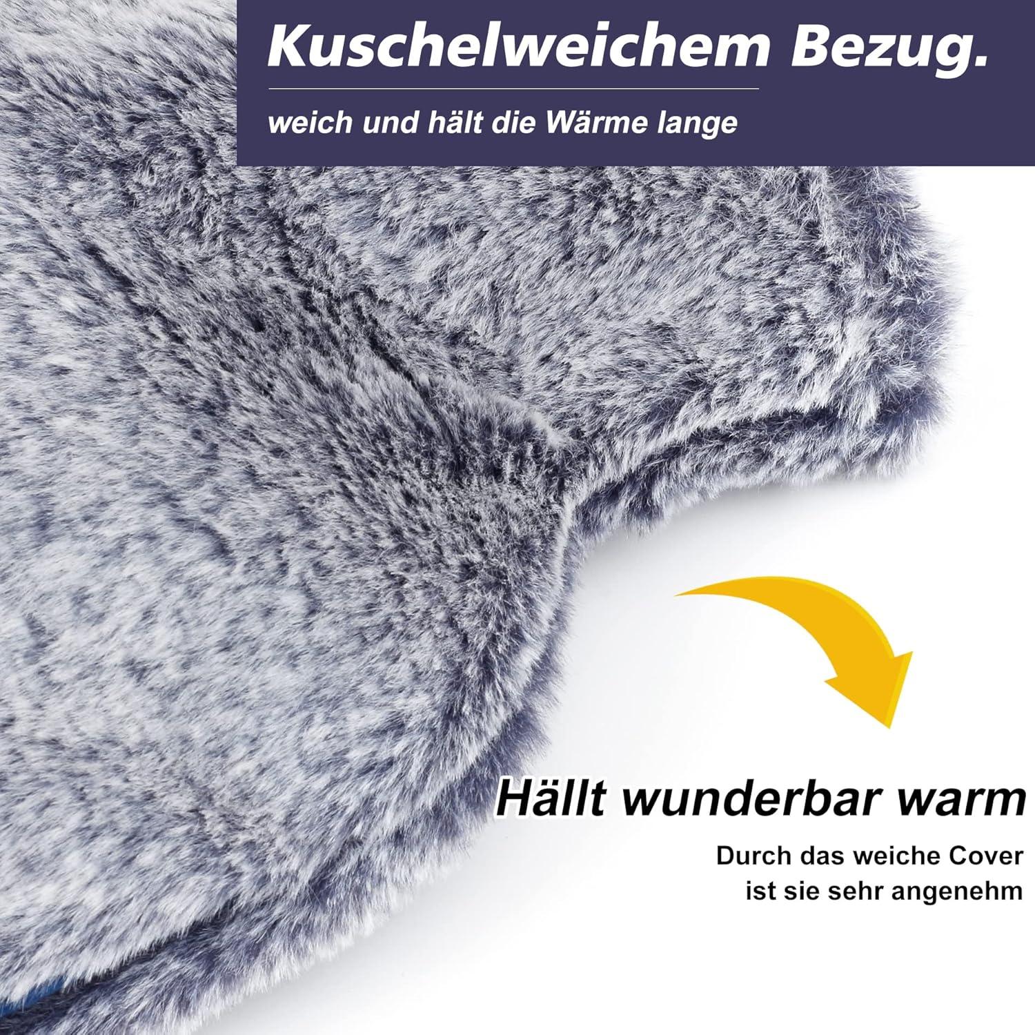 OWOZOI Wärmflasche 2L mit Fellbezug und Kängurutasche Marineblau