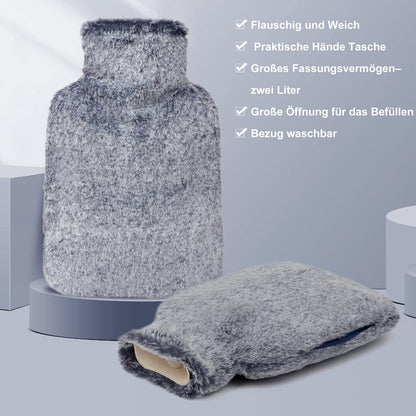 OWOZOI Wärmflasche 2L mit flauschigem Fellbezug und Kängurutasche Marineblau