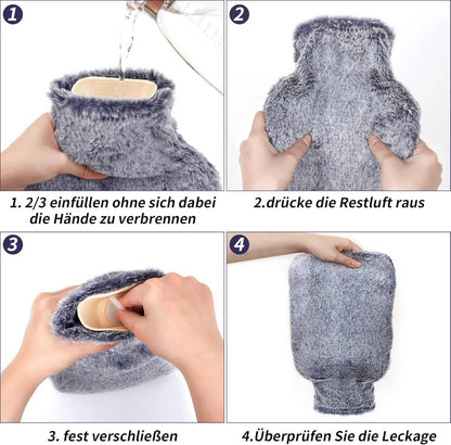 OWOZOI Wärmflasche 2L mit flauschigem Fellbezug und Kängurutasche Marineblau