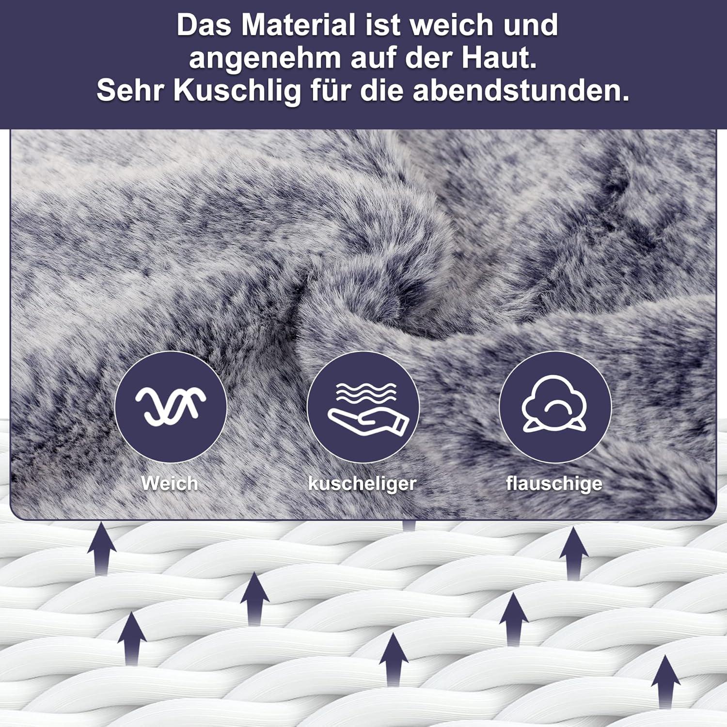 OWOZOI Wärmflasche 2L mit Fellbezug und Kängurutasche Marineblau