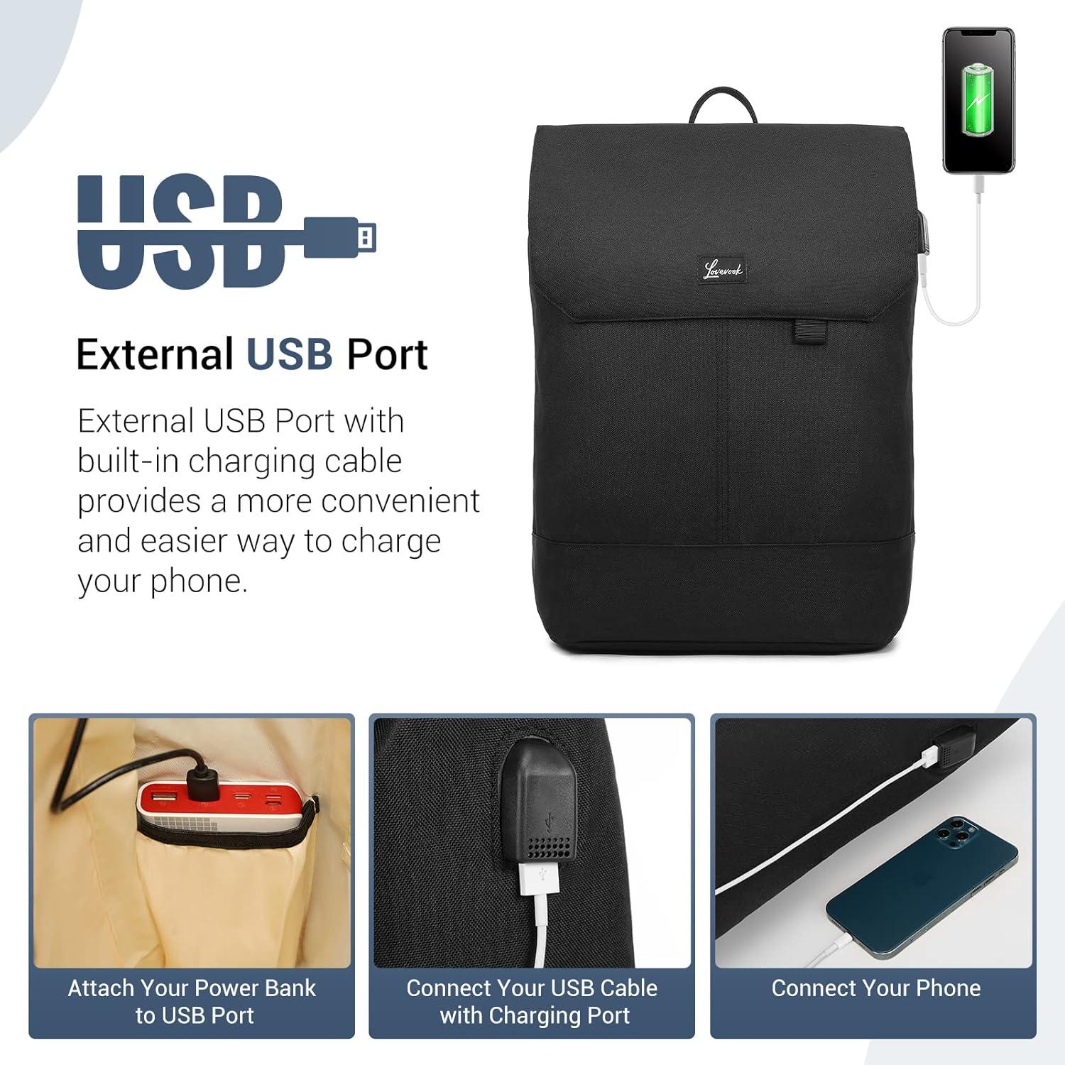 Schwarzer Damen Laptop Rucksack USB 14 Zoll Wasserdicht Diebstahlsicherung