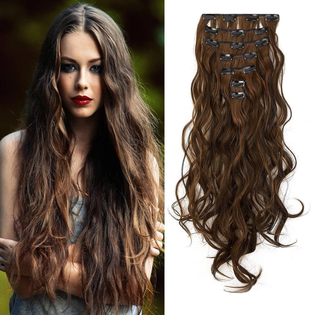 Welliges Haarverlängerung Clip-In, 50cm, Mittelbraun & Auburn