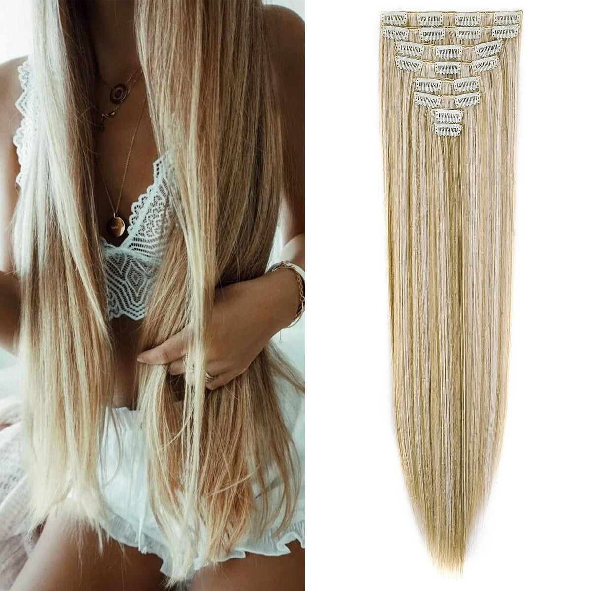 Clip-In Haarverlängerung Echthaar-Optik 60cm Dunkelblond & Bleichblond