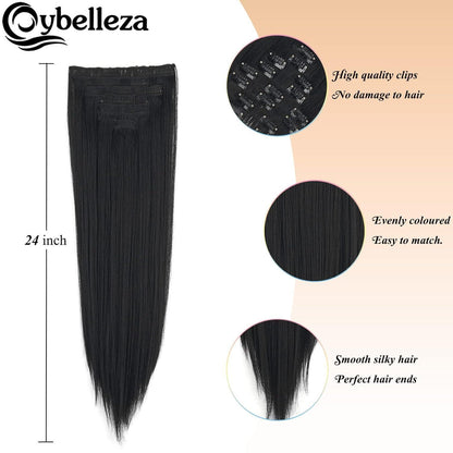 Clip-In Haarverlängerung Echthaar-Optik, 60cm Schwarz