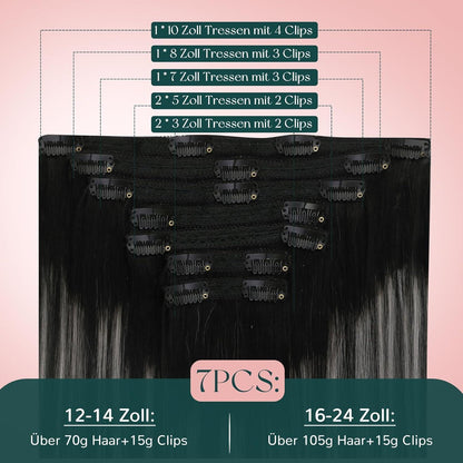 Balayage Clip-in Extensions Schwarz Silber Echthaar 55cm