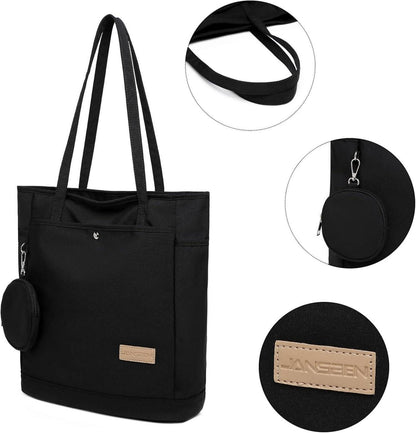 Damen Shopper Handtasche Schultertasche Reißverschluss Stoff Schwarz