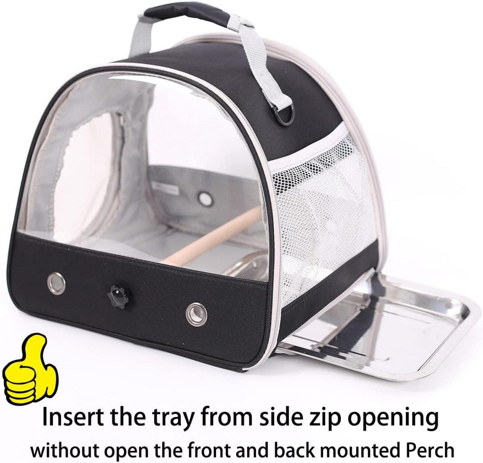 Transporttasche für kleine Vögel mit Edelstahl-Tablett und Holzstange - Schwarz