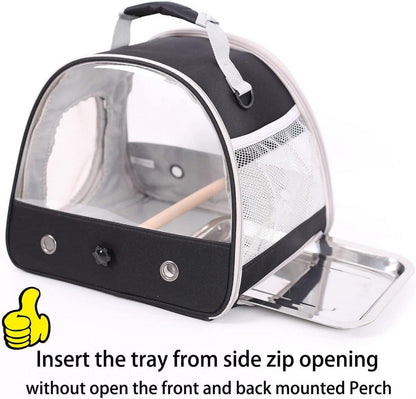 Transporttasche für kleine Vögel mit Edelstahl-Tablett und Holzstange - Schwarz