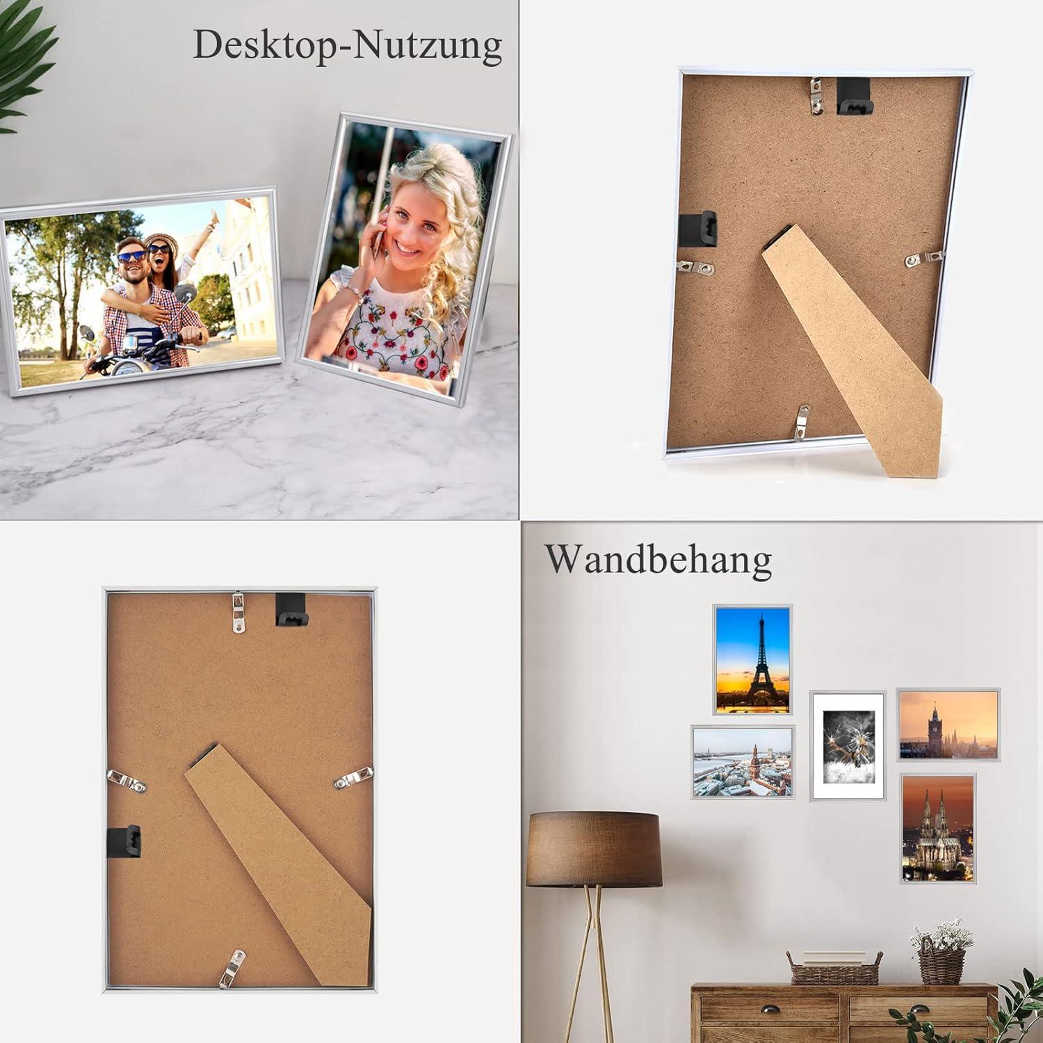 Fotorahmen Silber 5er Set DIN 7 Inches Plexi-Glas Haken Wohnzimmer Fotos Portrait 13x18cm