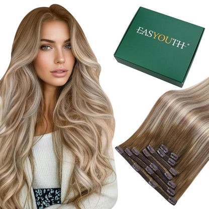Clip-In Echthaar Extensions Ombre Braun Dunkelbraun Aschblond
