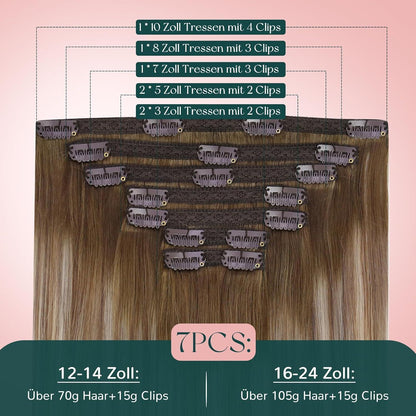 Clip-In Echthaar Extensions Ombre Braun Dunkelbraun Aschblond