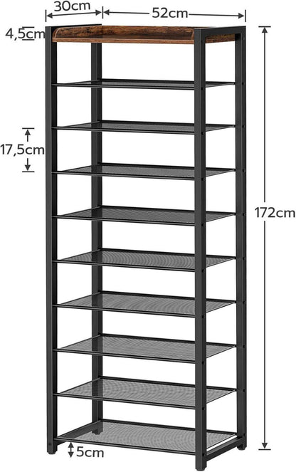 Schuhregal 10 Ebenen Schmale Schuhablage Dunkelbraun Platzsparend