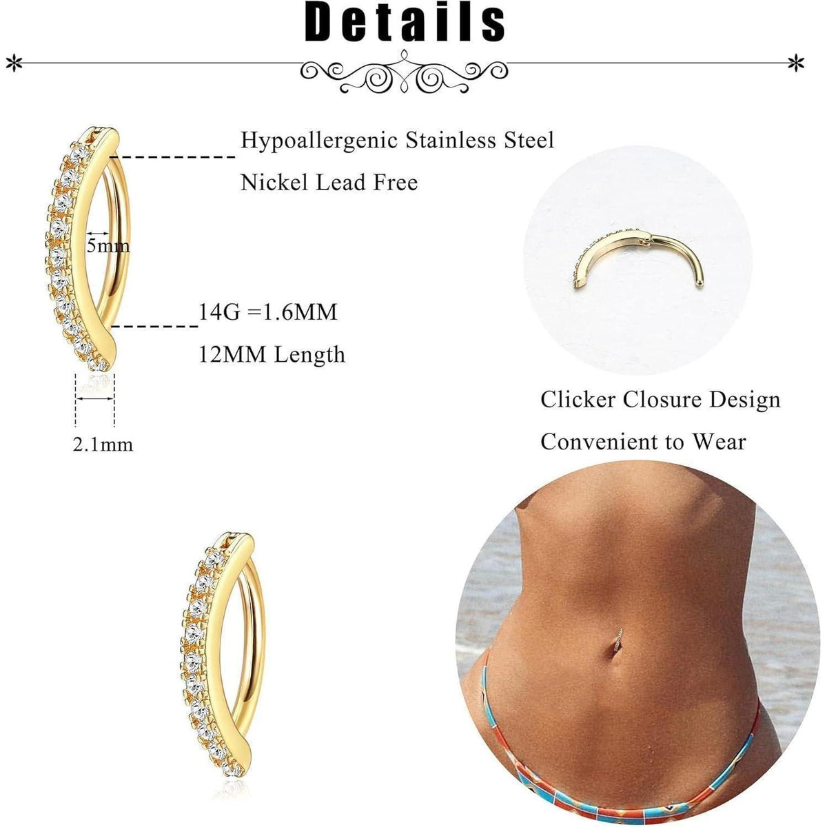 Bauchnabelpiercing Herz aus Edelstahl mit Zirkonia und Opal, 14G Gold