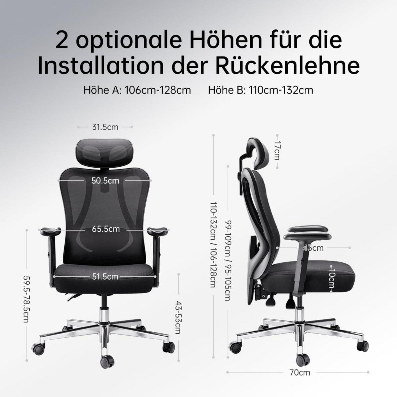 Ergonomischer Bürostuhl mit verstellbarer Kopfstütze, Lordosenstütze