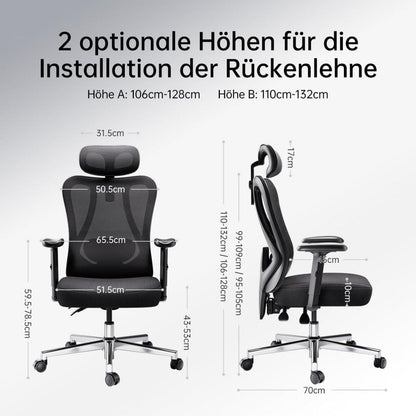 Ergonomischer Bürostuhl mit verstellbarer Kopfstütze, Lordosenstütze