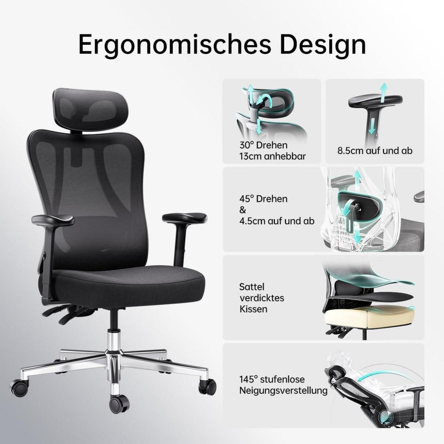 Ergonomischer Bürostuhl mit verstellbarer Kopfstütze und Lordosenstütze, Schwarz