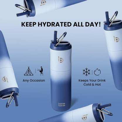 Isolierte Trinkflasche 680ml mit Strohhalm und Griff Blau Thermosflasche