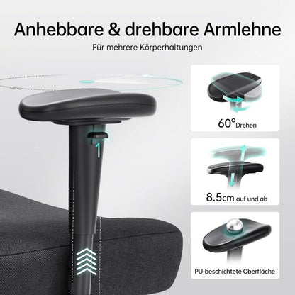 Ergonomischer Bürostuhl mit verstellbarer Kopfstütze, Lordosenstütze, Fußstütze