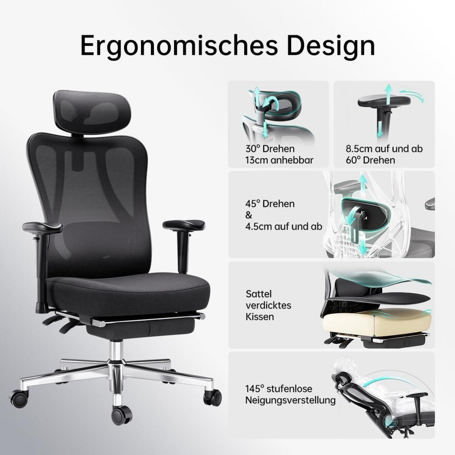 Ergonomischer Bürostuhl mit verstellbarer Kopfstütze, Lordosenstütze, Fußstütze