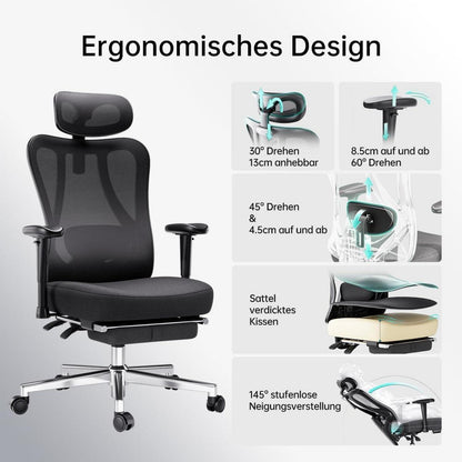 Ergonomischer Bürostuhl mit verstellbarer Kopfstütze, Lordosenstütze, Fußstütze
