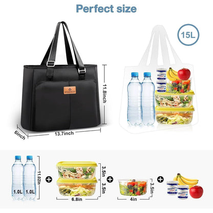 Lunchtasche 15L – Isolierkühltasche für Damen, Schwarz