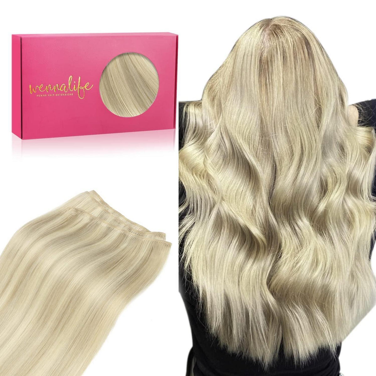 Echthaar Tressen Aschblond Highlights Platinblond 35cm