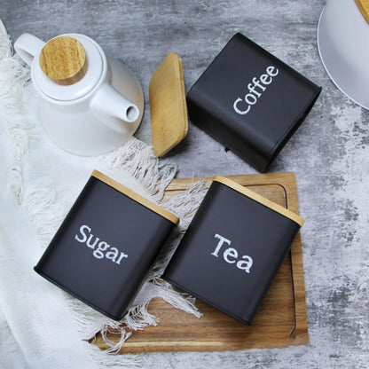 3-teiliges Küchendosen-Set Edelstahl Tee-Kaffee-Zucker Schwarz