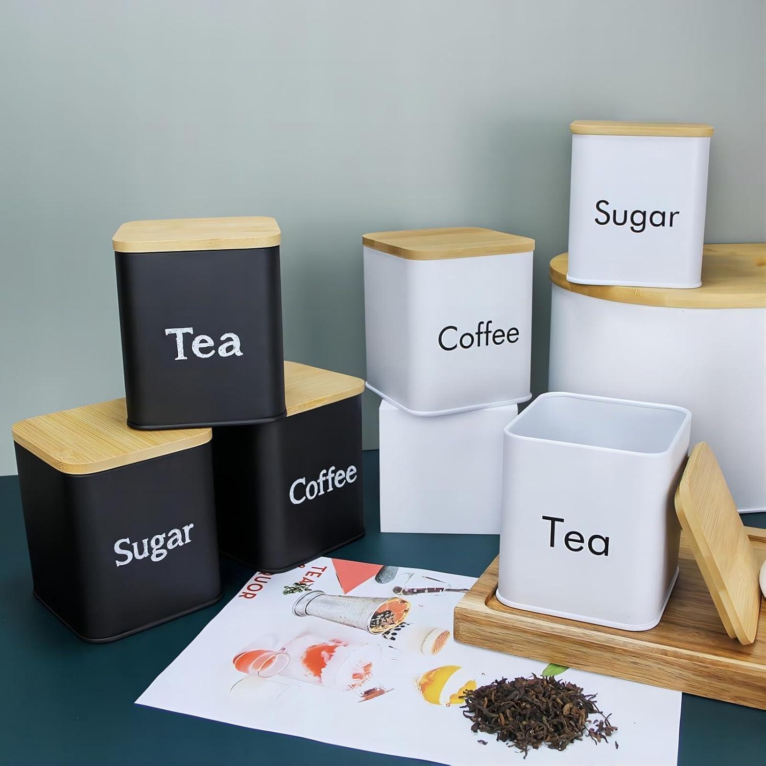 Tuzsocr 3-teiliges Küchendosen-Set Edelstahl Bambusdeckel Schwarz