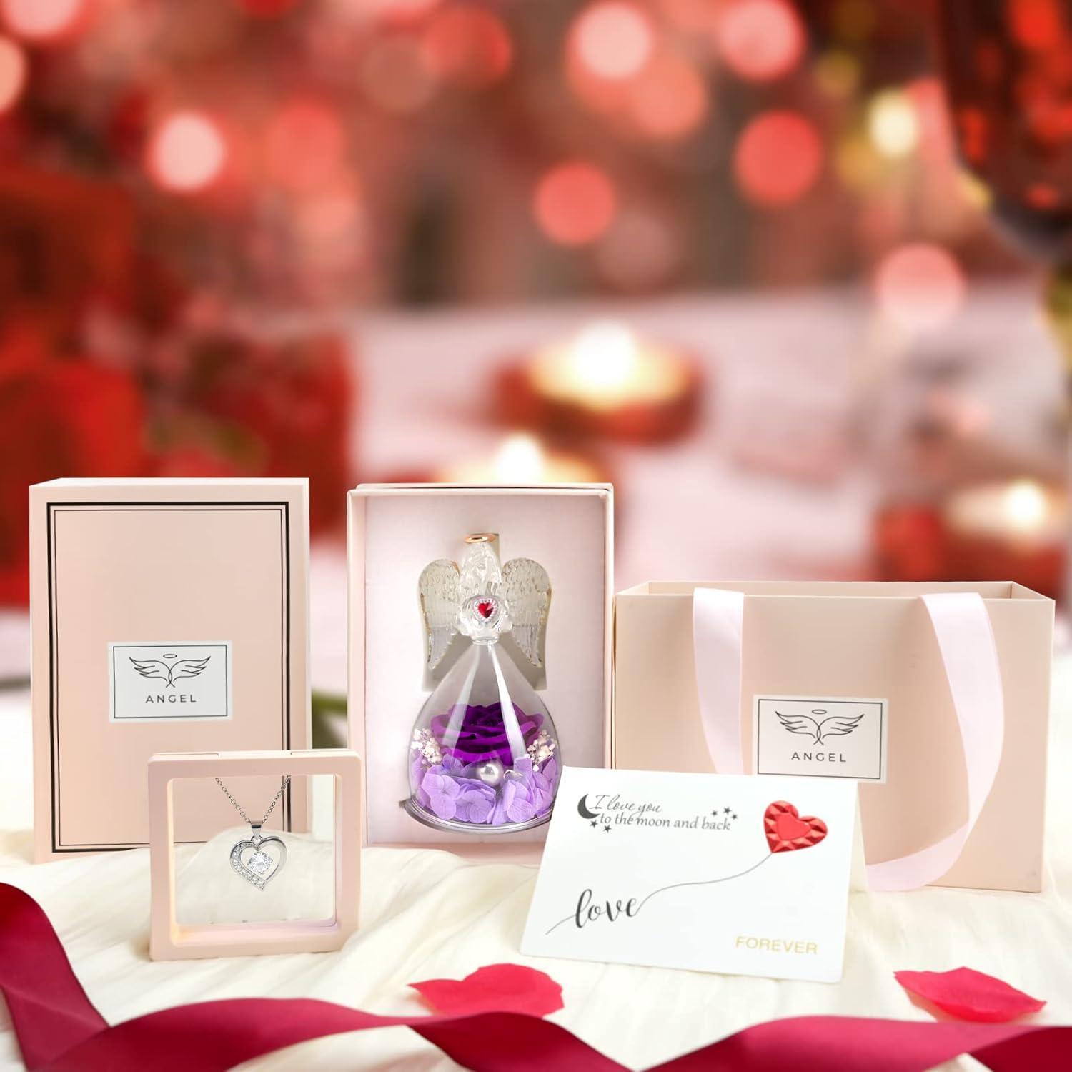 Ewige Rose Engel Glaskuppel LED-Halskette Geschenkbox 7*7*13cm Violett