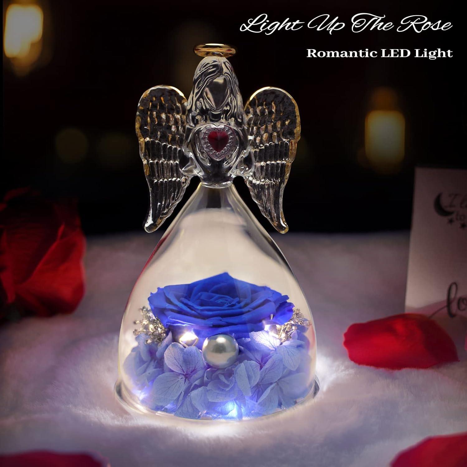 Sunia Ewige Rose in Engel Glaskuppel mit LED-Licht und Halskette Blau
