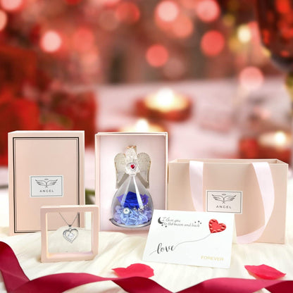 Ewige Rose Engel Figur LED-Licht Halskette Blau-Geschenkbox