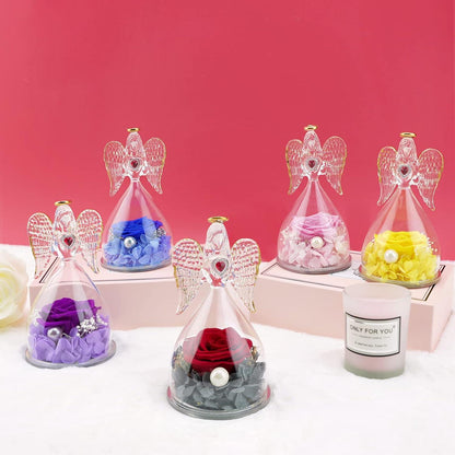 Sunia Ewige Rose in Engel Glaskuppel mit LED-Licht und Halskette Blau