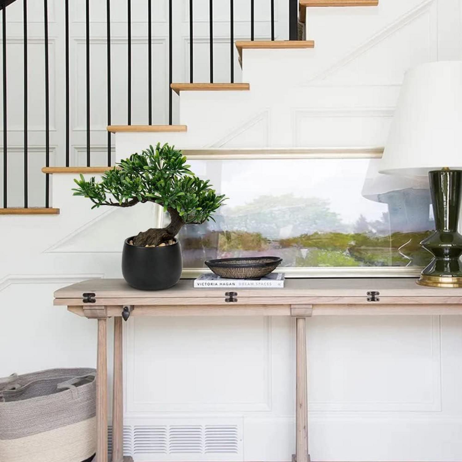 Kunstbonsai Podocarpus 25 cm im Keramiktopf Schwarz-3 - Künstlicher Baum für Wohnzimmer & Dekoration