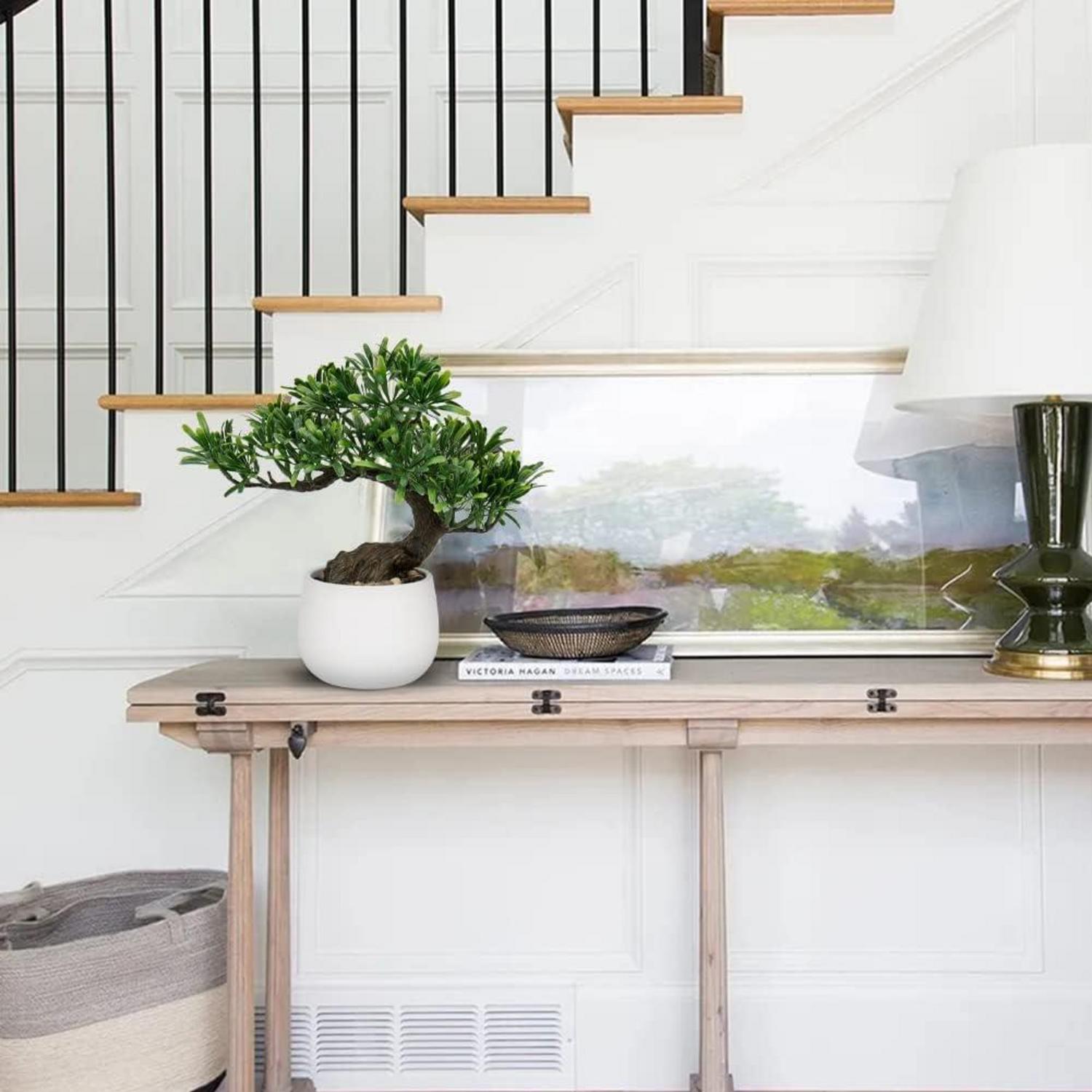 25cm Kunstpflanze Bonsai Baum im Keramiktopf hochwertig simuliert - Podocarpus Weiß-3