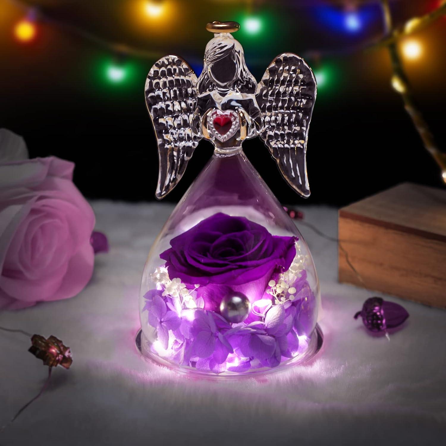 Ewige Rose Engel Figur mit Halskette LED Licht Geschenk Mama 2-violett