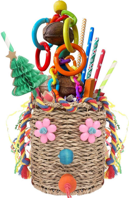 Vogelspielzeug Seegras Futterkorb mit Knisterpapier Holzblöcken Nüssen