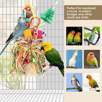 Vogelspielzeug Seegras Futterkorb buntes Knisterpapier Holzblöcke