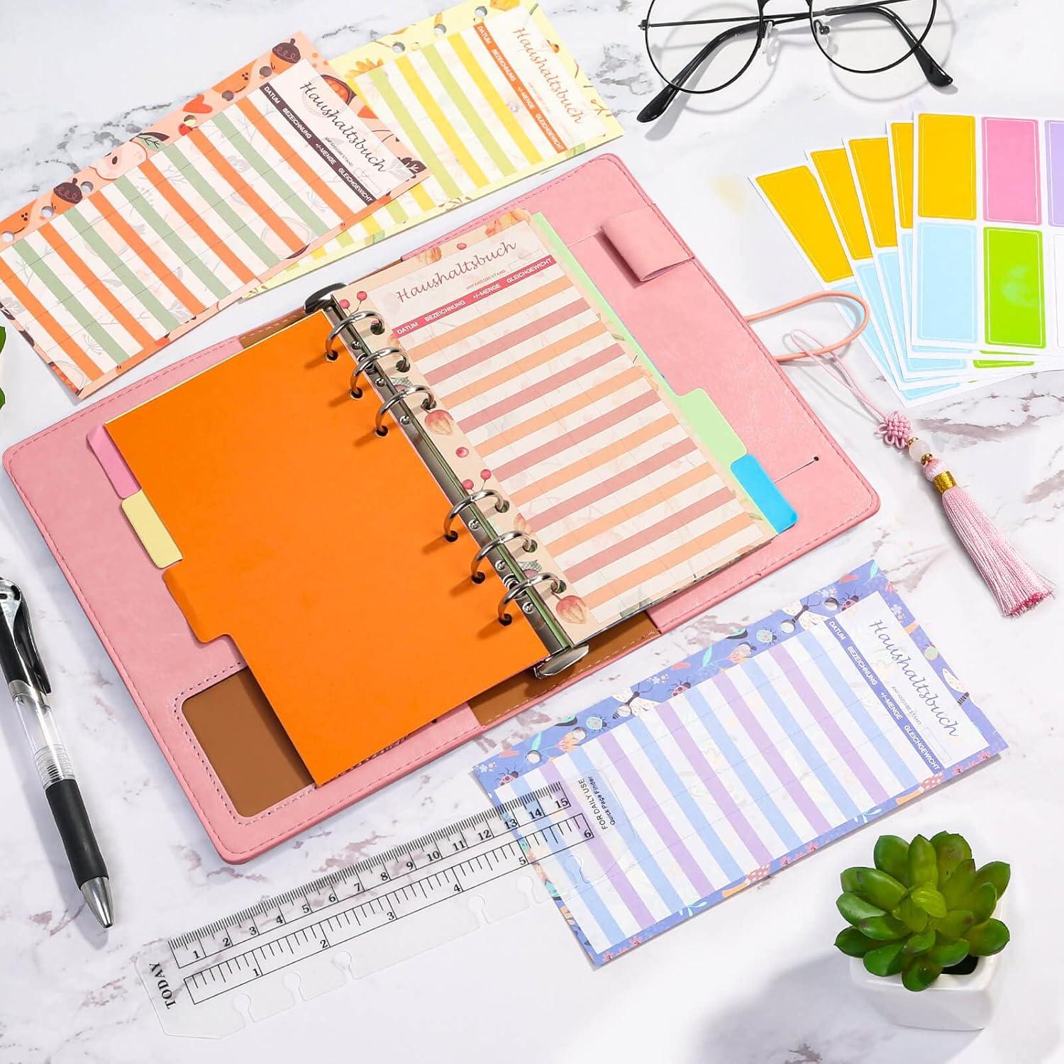A6 Budget Planner Deutsch mit PU Leder Binder, Etiketten, Taschen, Lineal - Geld sparen, Haushaltsbuch, Finanzplaner