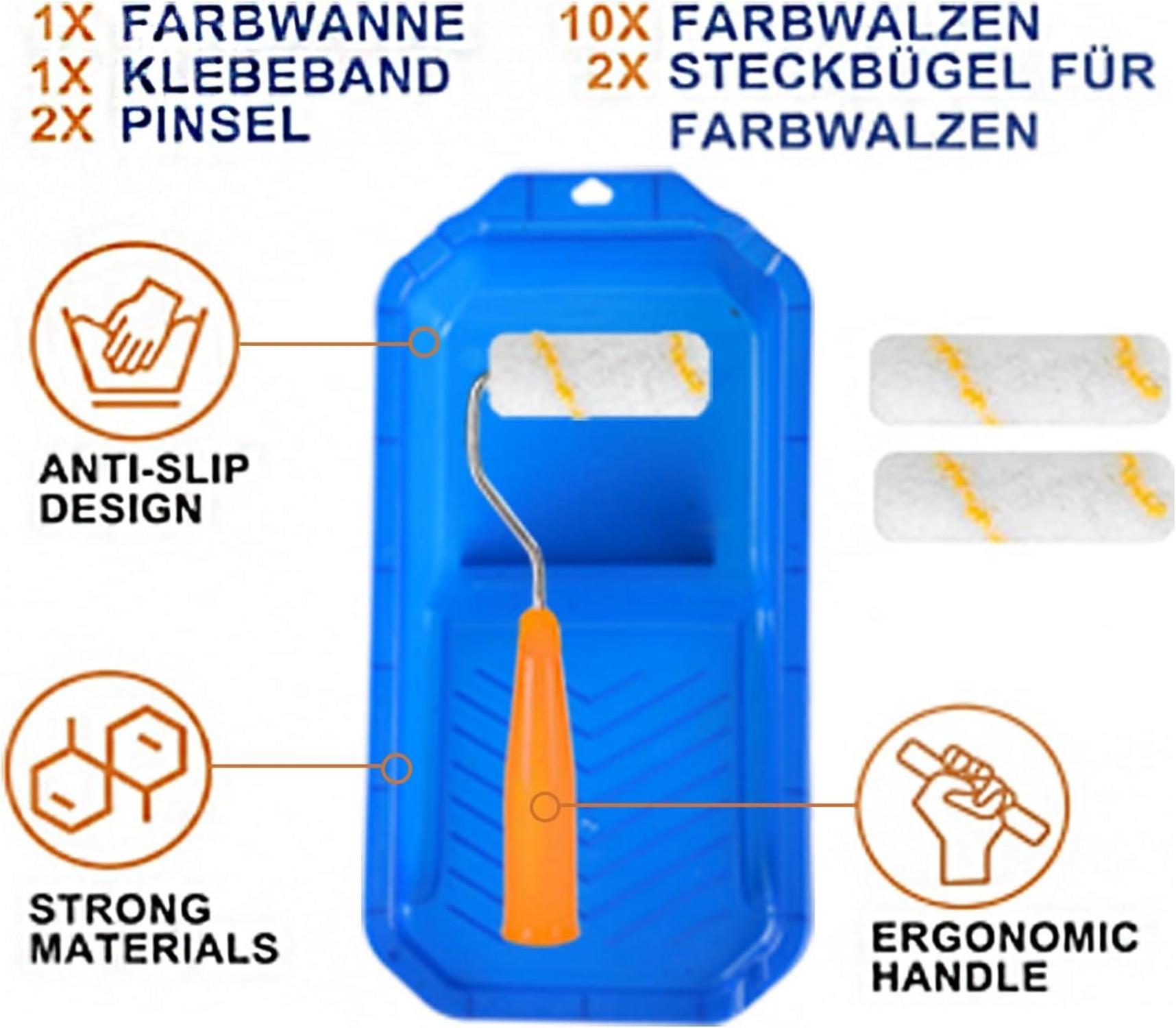 Farbroller Set 16-teilig Farbwanne Pinsel Kreppband Steckbügel