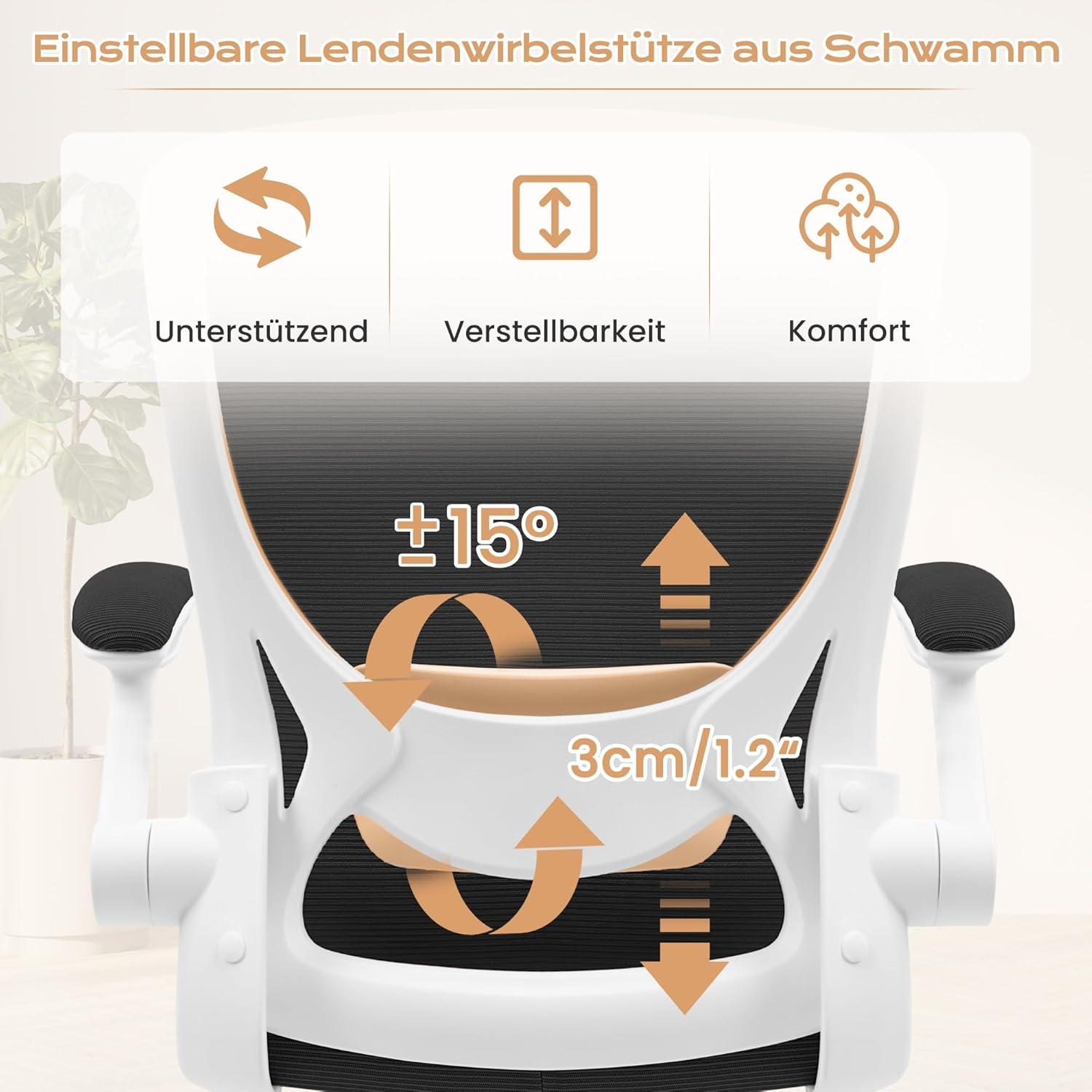 Ergonomischer Bürostuhl mit Klappbaren Armlehnen 360° Drehstuhl Mesh