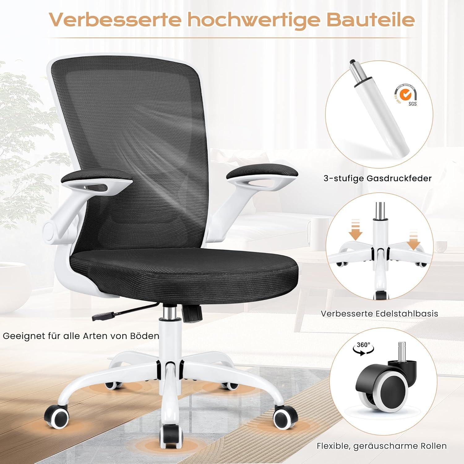 Ergonomischer KERDOM Bürostuhl mit Klappbaren Armlehnen 360° Drehstuhl Mesh